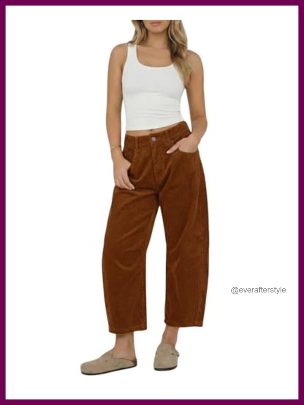 Corduroy Barrel Pants Mid-Rise Elastic Waist Wide Leg Trousers with Pockets